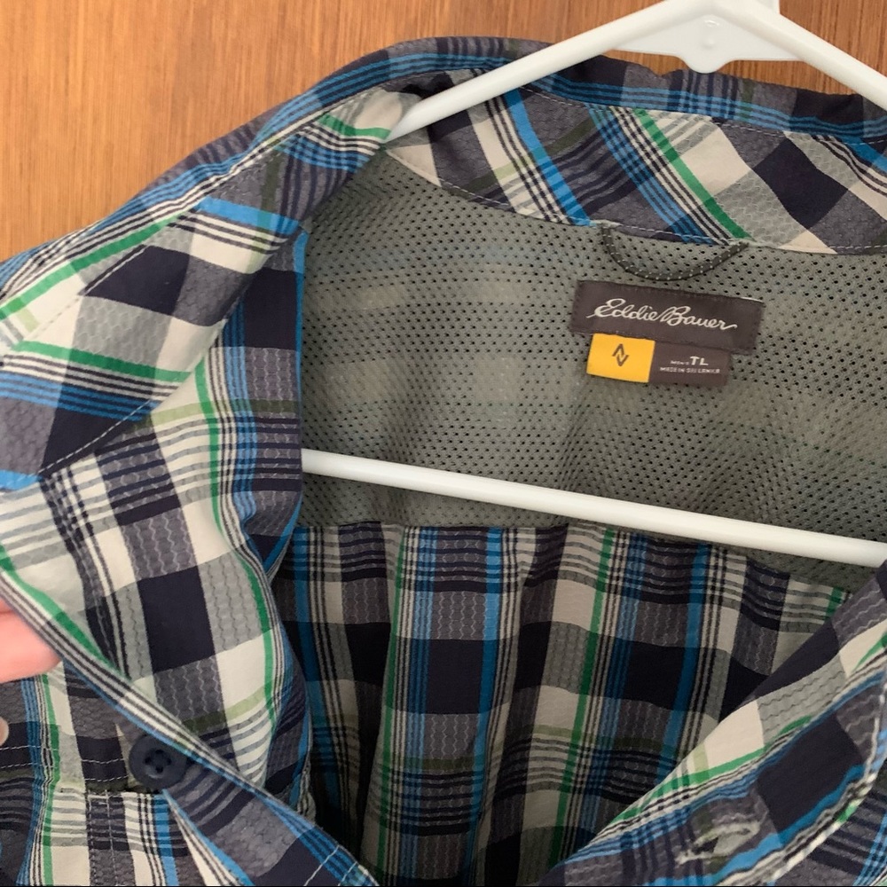 Men’s TL Tall LG EDDIE BAUER Blue Plaid Shirt Sleeve Hiking Outdoor Button Shirt - Picture 7 of 11